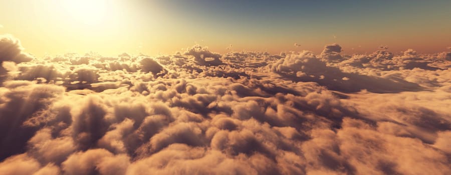 above clouds fly sunset sun ray illustration, 3d render