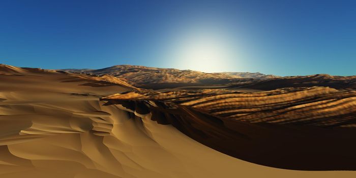 Dunes sunset over the desert. 3d rendering illustration