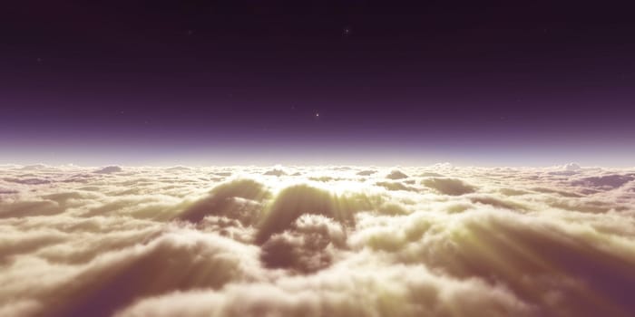 dream fly above clouds ray light, 3d rendering illustration