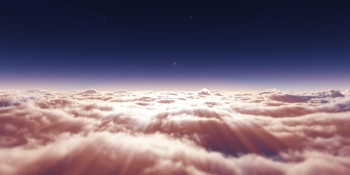 dream fly above clouds ray light, 3d rendering illustration