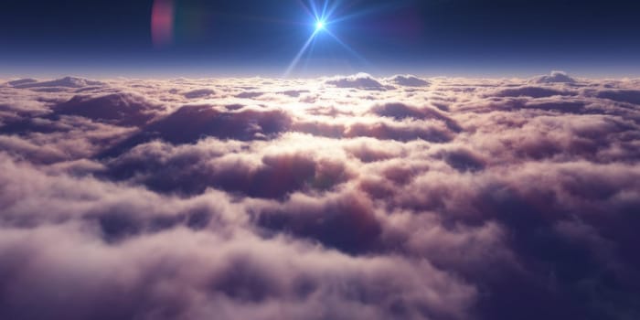 dream fly above clouds ray light, 3d rendering illustration