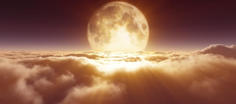 above clouds full moon illustration, 3d rendering