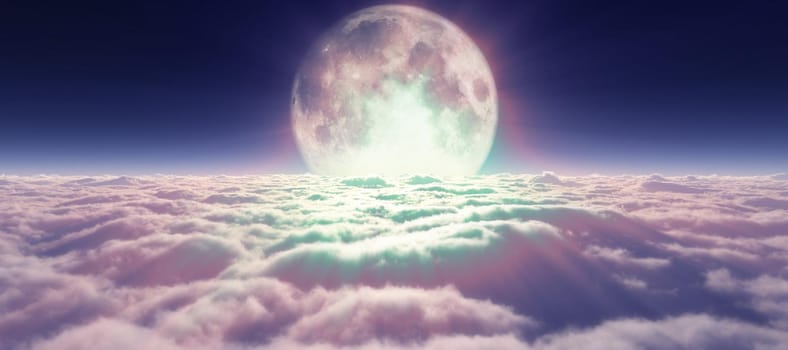 above clouds full moon illustration, 3d rendering