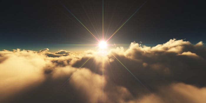 above clouds sunrise sun ray illustration, 3d rendering