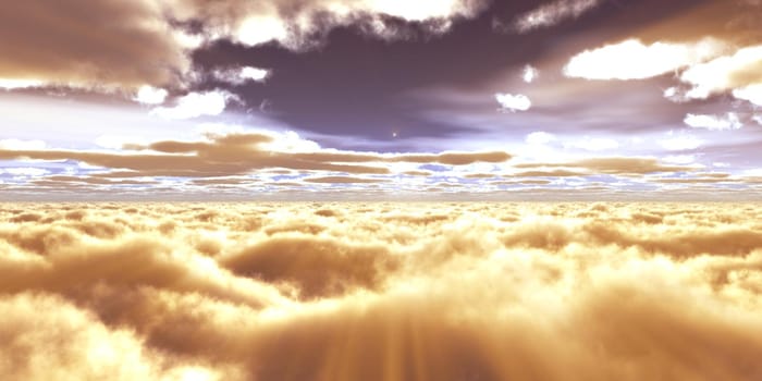 above clouds fly sunset sun ray illustration, 3d render