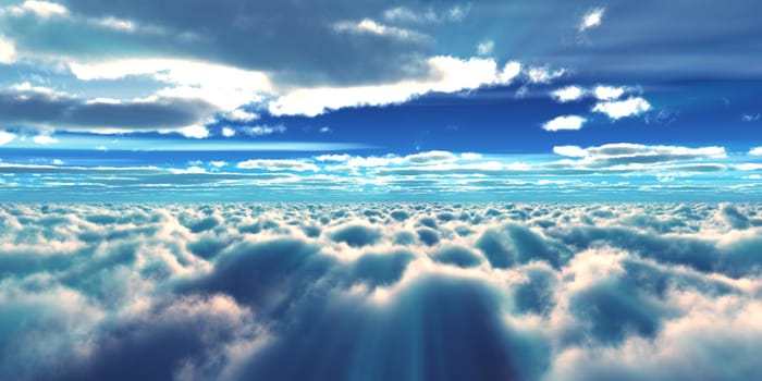 above clouds fly sunset sun ray illustration, 3d render