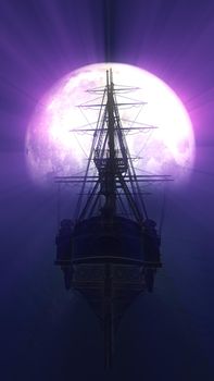 old ship in sea full moon illustration 3d rendering