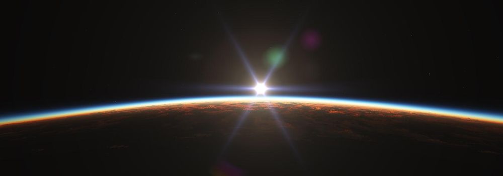 Earth sunrise from space over cloudy ocean. 3d rendering illustration