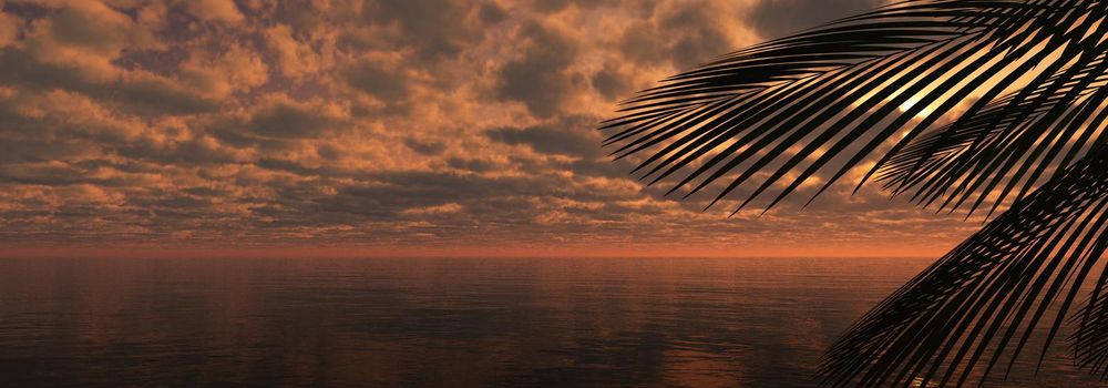 sunset sea palm landscape illustration, 3d render