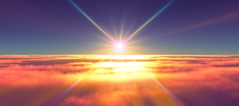 above clouds fly sunset sun ray illustration, 3d render