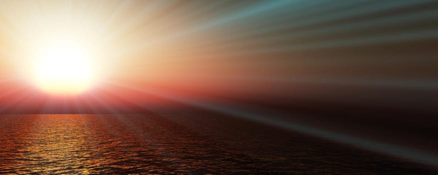 sunset sea sun ray clear sky, 3d rendering illustration