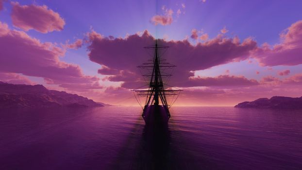 old ship sunset at sea illustration 3d rendering