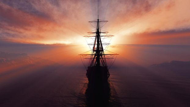 old ship sunset at sea illustration 3d rendering