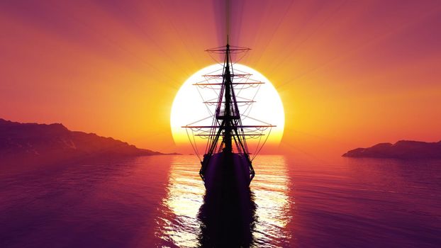 old ship sunset at sea illustration 3d rendering