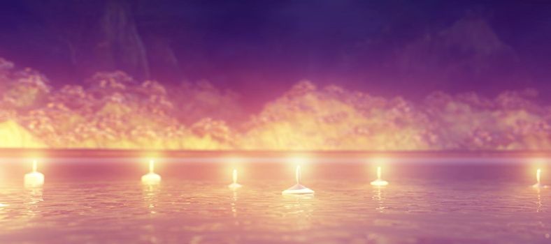 Abstract night background with candles in the water, 3d rendering illustration