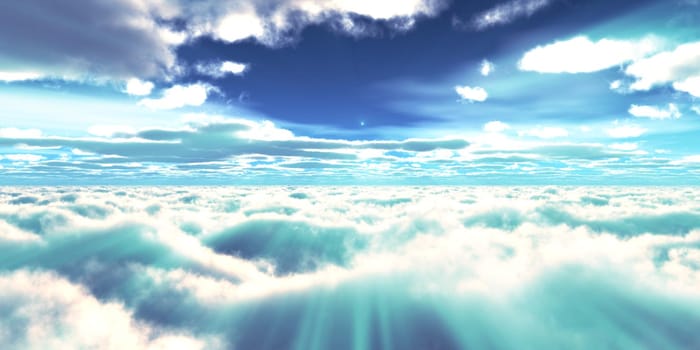 above clouds fly sunset sun ray illustration, 3d render