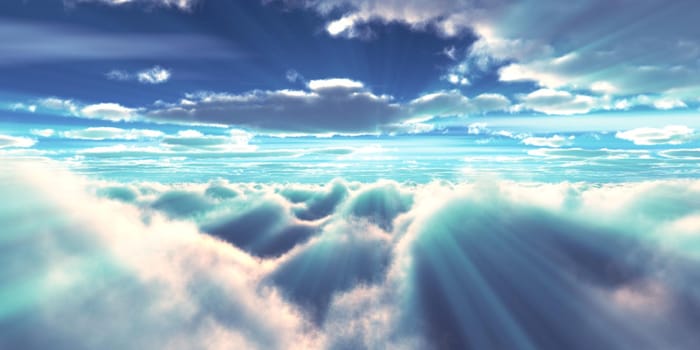 above clouds fly sunset sun ray illustration, 3d render