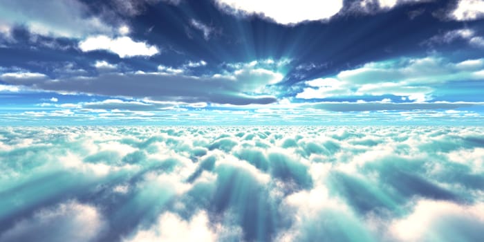 above clouds fly sunset sun ray illustration, 3d render