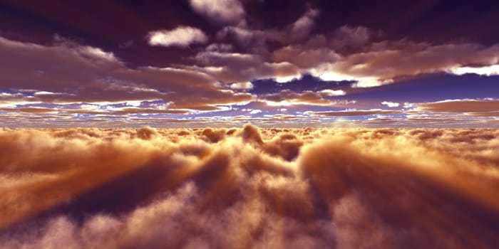 above clouds fly sunset sun ray illustration, 3d render