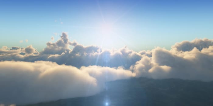 Beautiful aerial view above clouds with sunset. 3d illustration