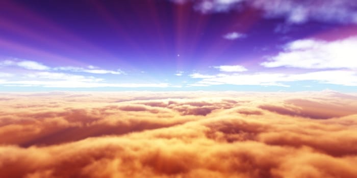 above clouds fly sunset sun ray illustration, 3d render