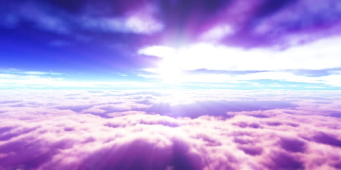 above clouds fly sunset sun ray illustration, 3d render