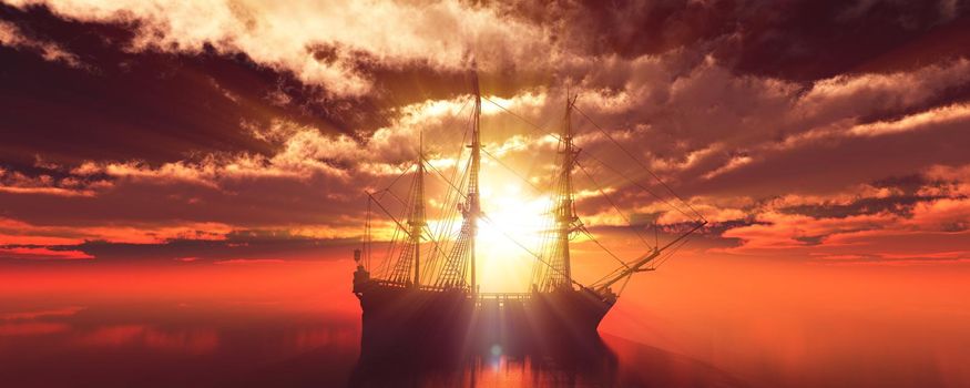 old ship sunset at sea 3d rendering illustration