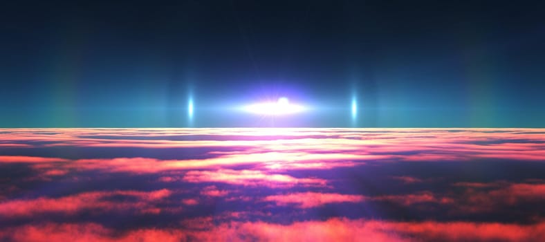 above clouds fly sunset sun ray illustration, 3d render