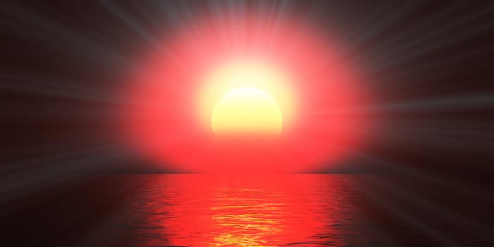 sunset sea sun ray clear sky, 3d rendering illustration