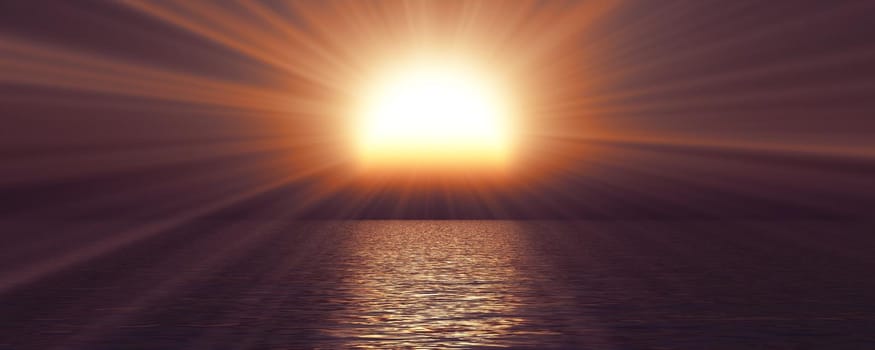 sunset sea sun ray clear sky, 3d rendering illustration