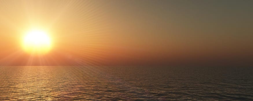 sunset sea sun ray clear sky, 3d rendering illustration