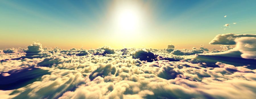 above clouds fly sunset sun ray illustration, 3d render