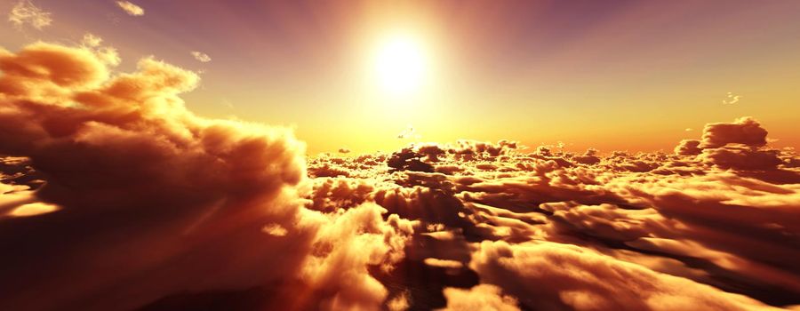 above clouds fly sunset sun ray illustration, 3d render