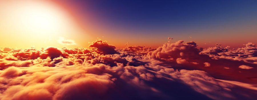 above clouds fly sunset sun ray illustration, 3d render