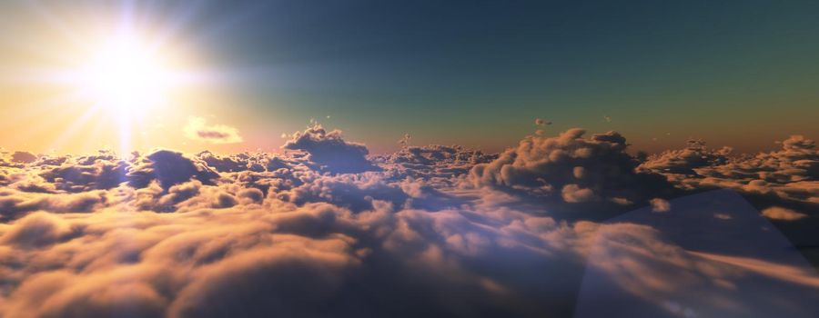 above clouds fly sunset sun ray illustration, 3d render