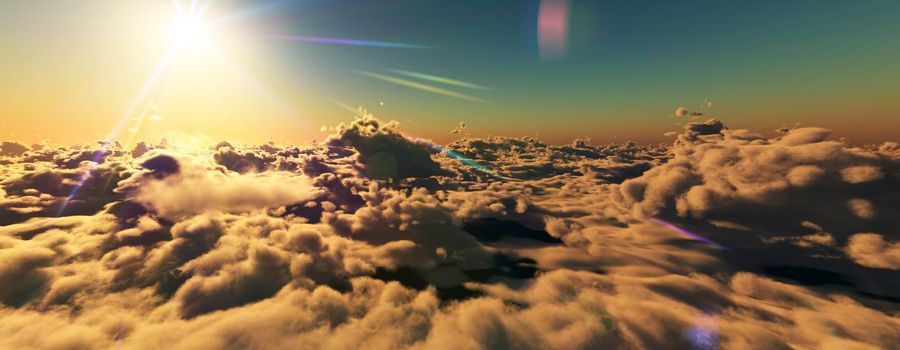 above clouds fly sunset sun ray illustration, 3d render