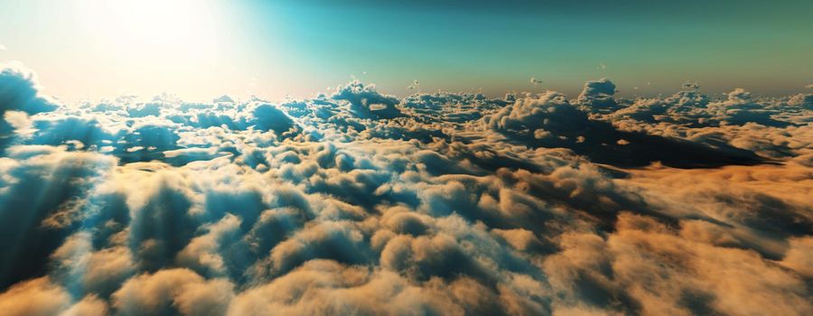 above clouds fly sunset sun ray illustration, 3d render