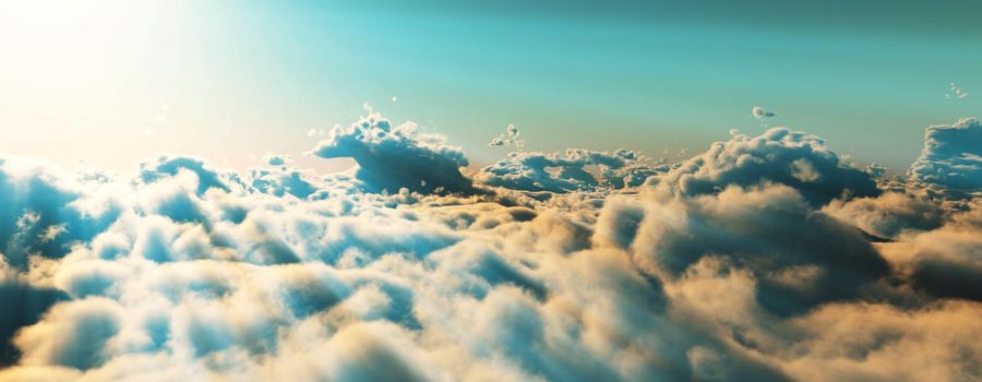 above clouds fly sunset sun ray illustration, 3d render