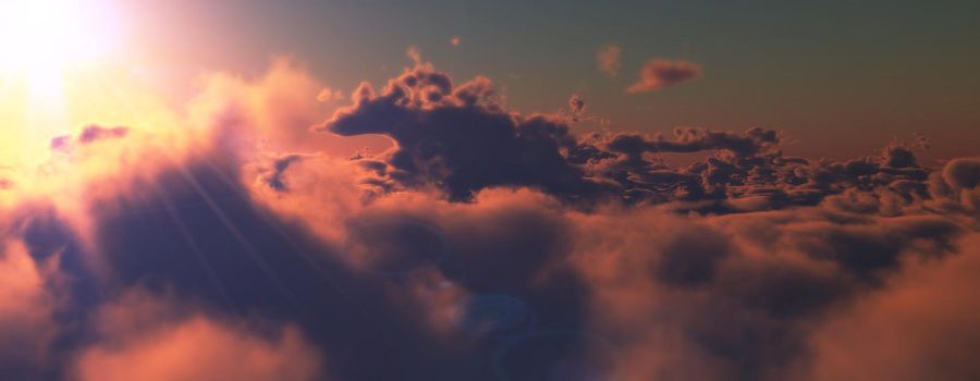 above clouds fly sunset sun ray illustration, 3d render