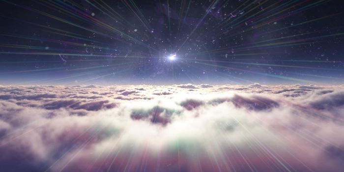 dream fly above clouds ray light, 3d rendering illustration