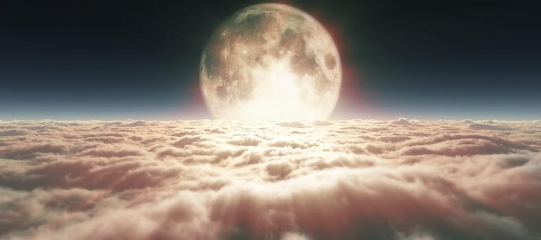 above clouds full moon illustration, 3d rendering