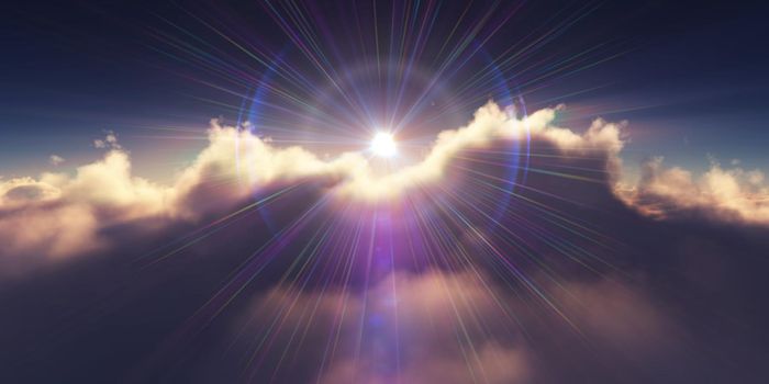 above clouds sunrise sun ray illustration, 3d rendering