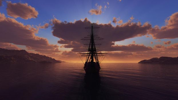 old ship sunset at sea illustration 3d rendering