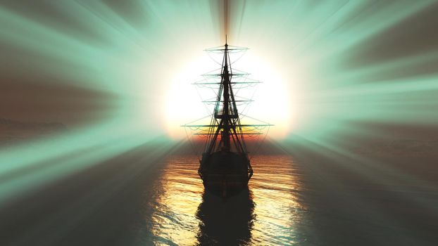 old ship sunset at sea illustration 3d rendering