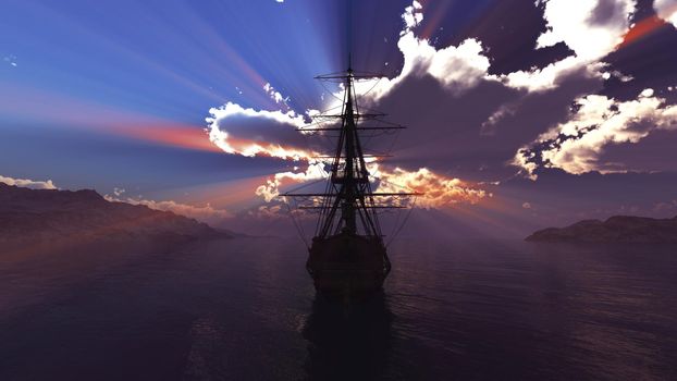 old ship sunset at sea illustration 3d rendering