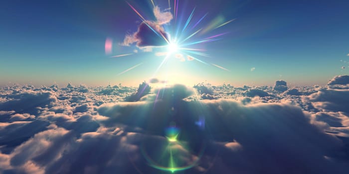 fly above clouds sunset landscape, 3d render illustration