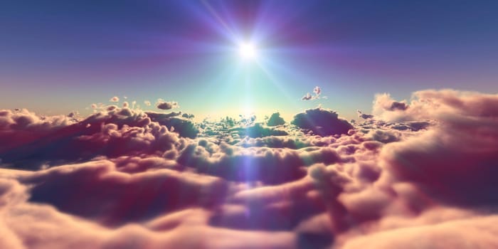 fly above clouds sunset landscape, 3d render illustration