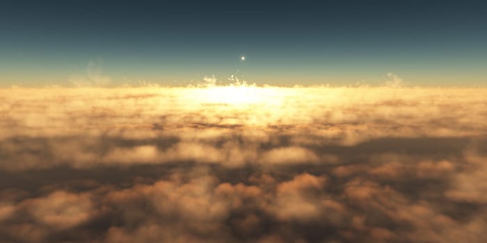 fly above clouds sunset landscape, 3d render illustration