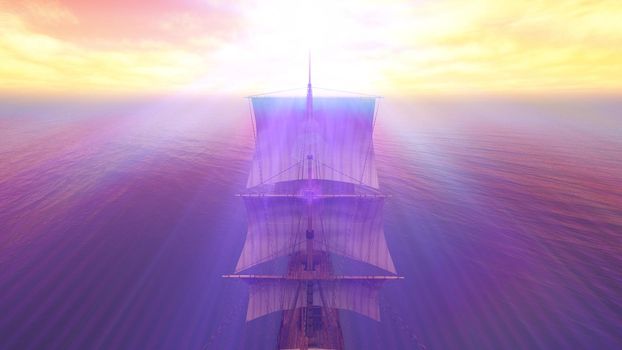 old ship sunset at sea 3d rendering illustration