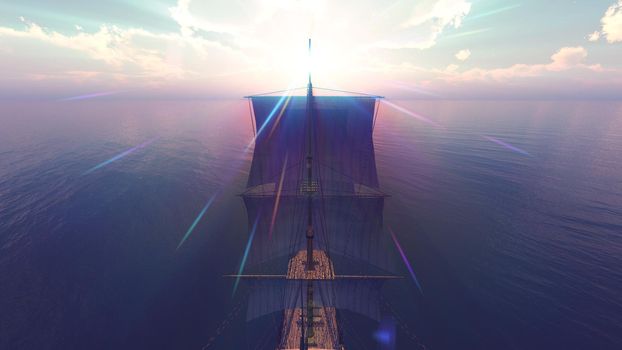 old ship sunset at sea 3d rendering illustration